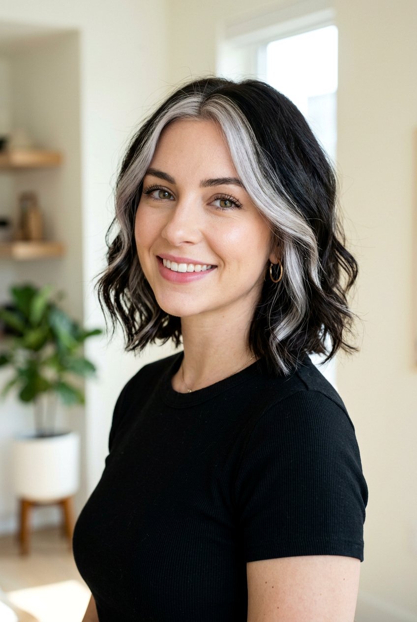 Silver Streak Money Piece On Dark Hair - 20 silver streak hair color - 20 silver streak hair color