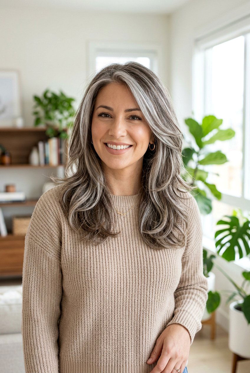 Silver Streaks In Ash Brown Layers - 20 silver streak hair color - 20 silver streak hair color