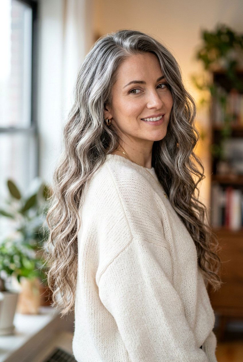 Silver Streaks On Long Wavy Hair - 20 silver streak hair color - 20 silver streak hair color