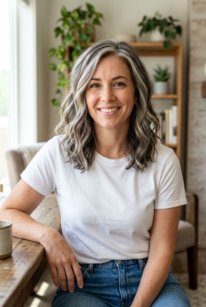 Silver Streaks On Shoulder Length Lob - 20 silver streak hair color - 20 silver streak hair color