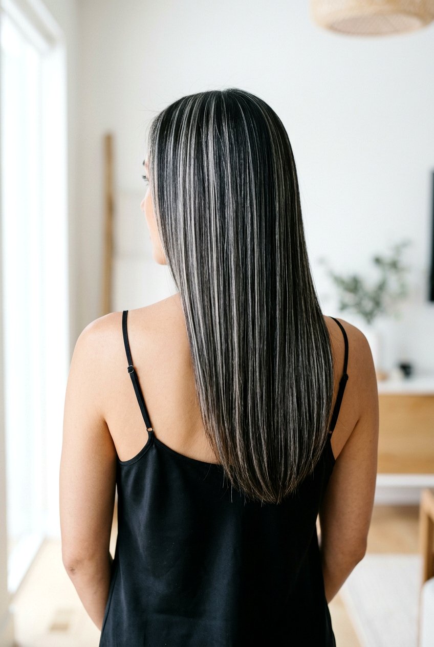 Silver Streaks On Straight Sleek Hair - 20 silver streak hair color - 20 silver streak hair color