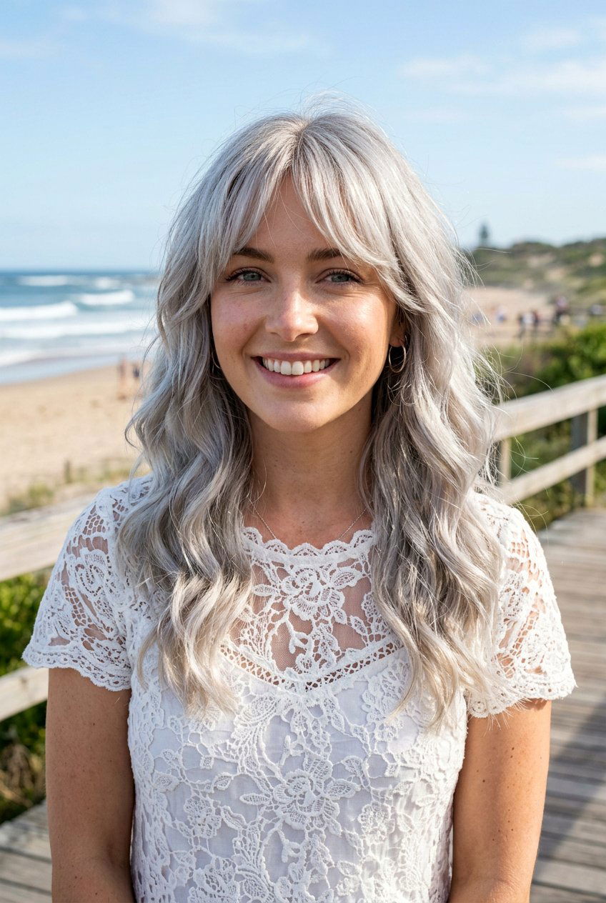 Silver Wavy Hair With Curtain Bangs - 20 gray hair with curtain bangs - 20 gray hair with curtain bangs