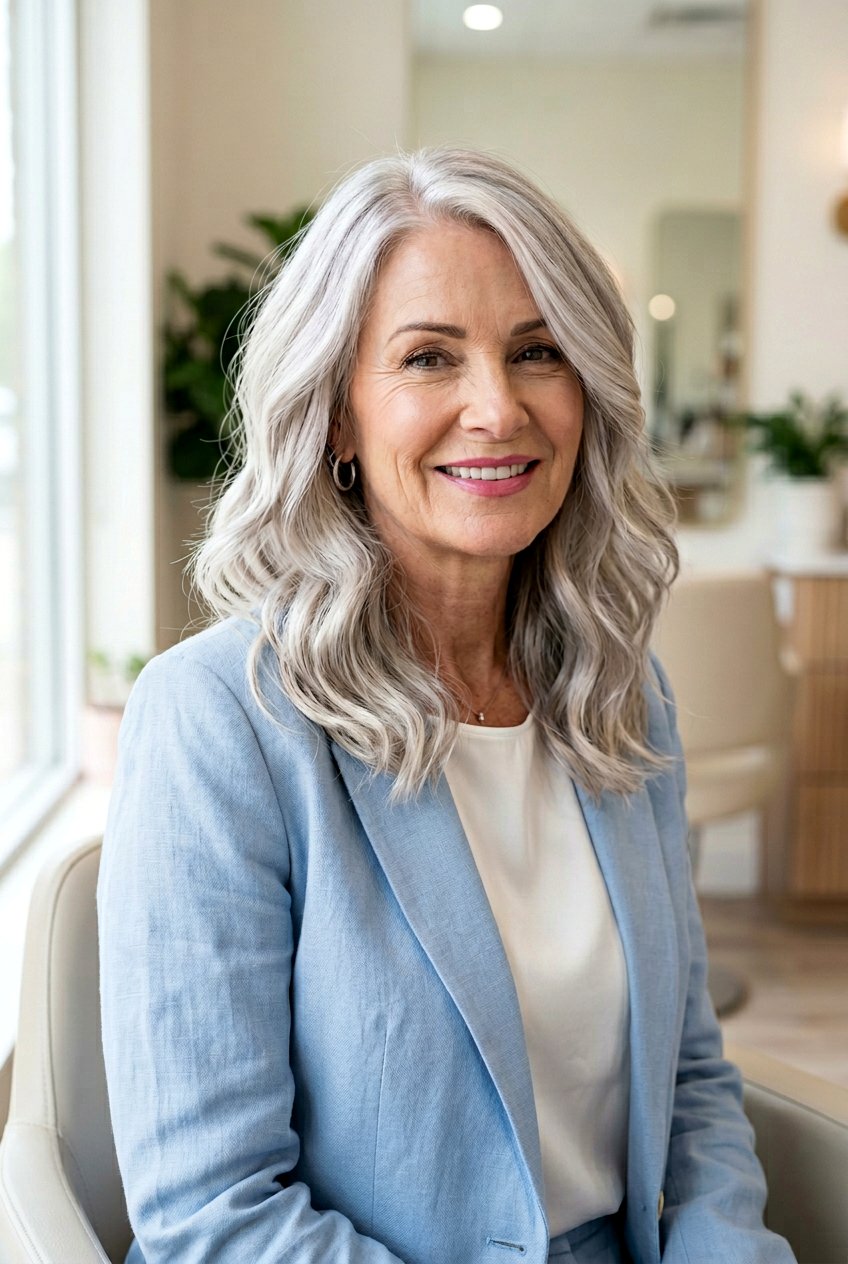 Silver White Balayage on Icy Base - 20 silver balayage for mature women - 20 silver balayage for mature women