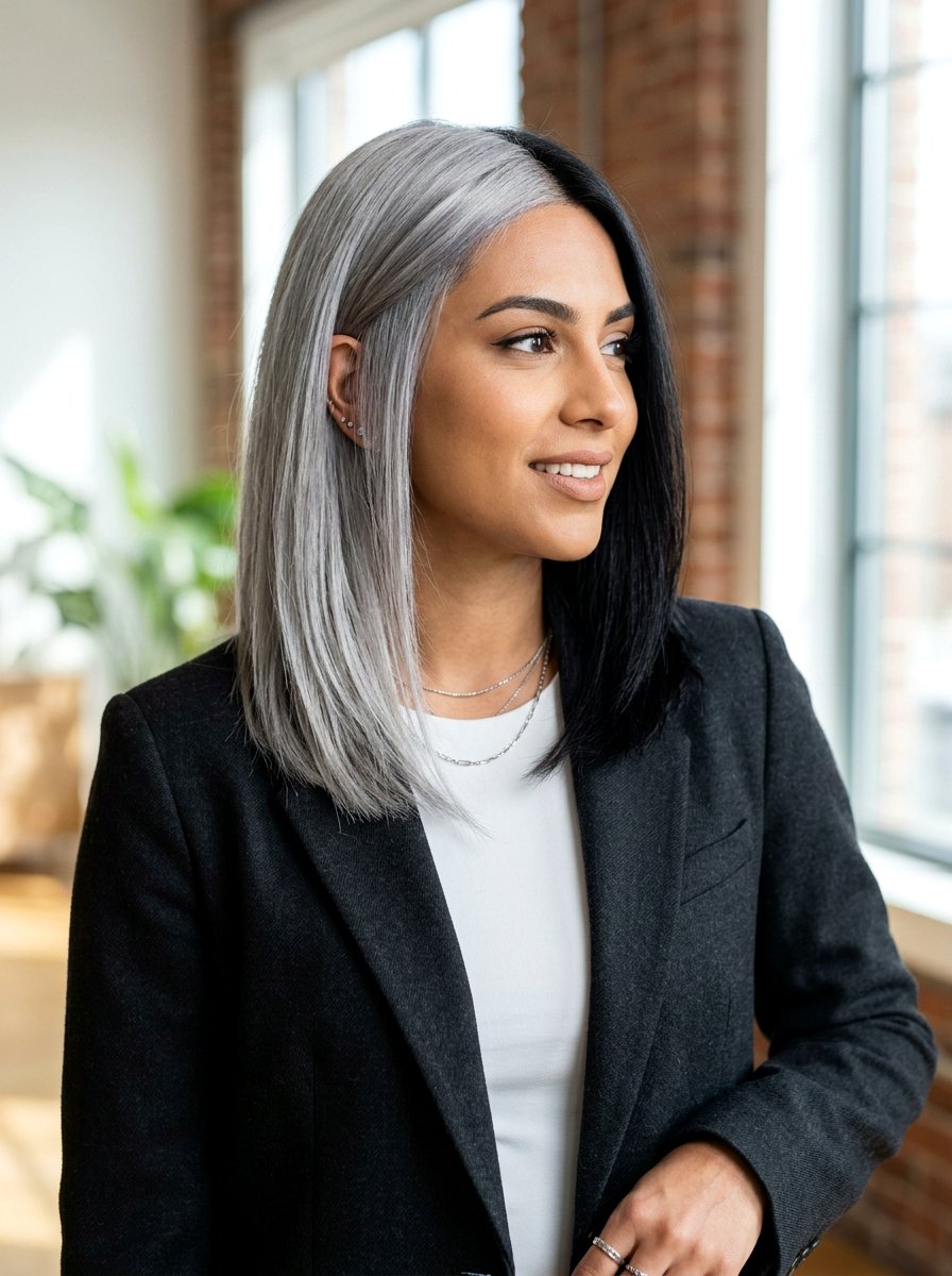 Silver and Black Split Dye Asymmetric Lob - 20 silver and black split dye hair - 20 silver and black split dye hair