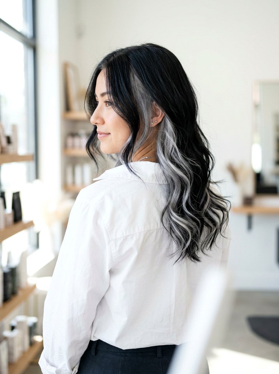 Silver and Black Split Dye Peekaboo Highlights - 20 silver and black split dye hair - 20 silver and black split dye hair