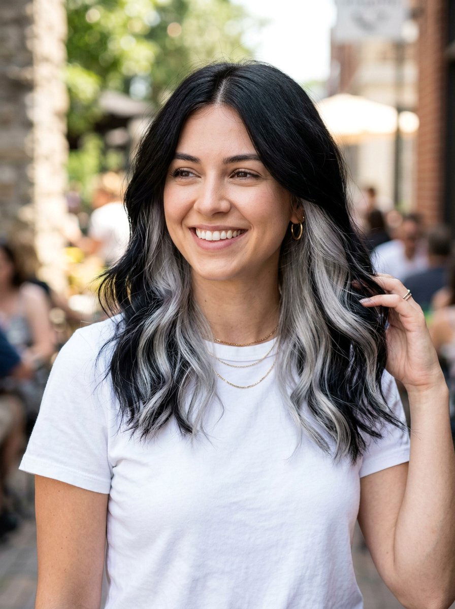 Silver and Black Split Dye Underneath Layers - 20 silver and black split dye hair - 20 silver and black split dye hair