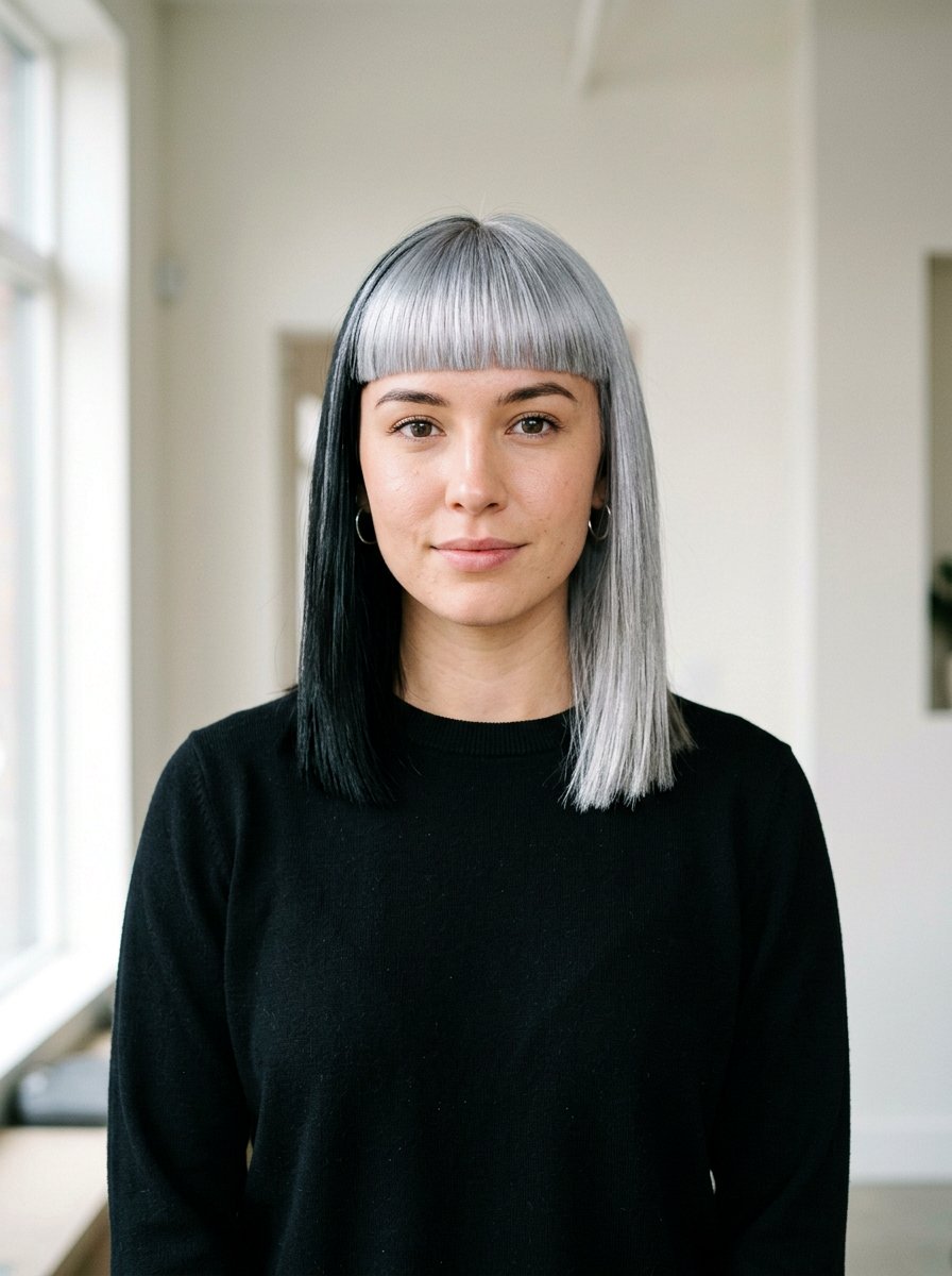 Silver and Black Split Dye With Blunt Bangs - 20 silver and black split dye hair - 20 silver and black split dye hair