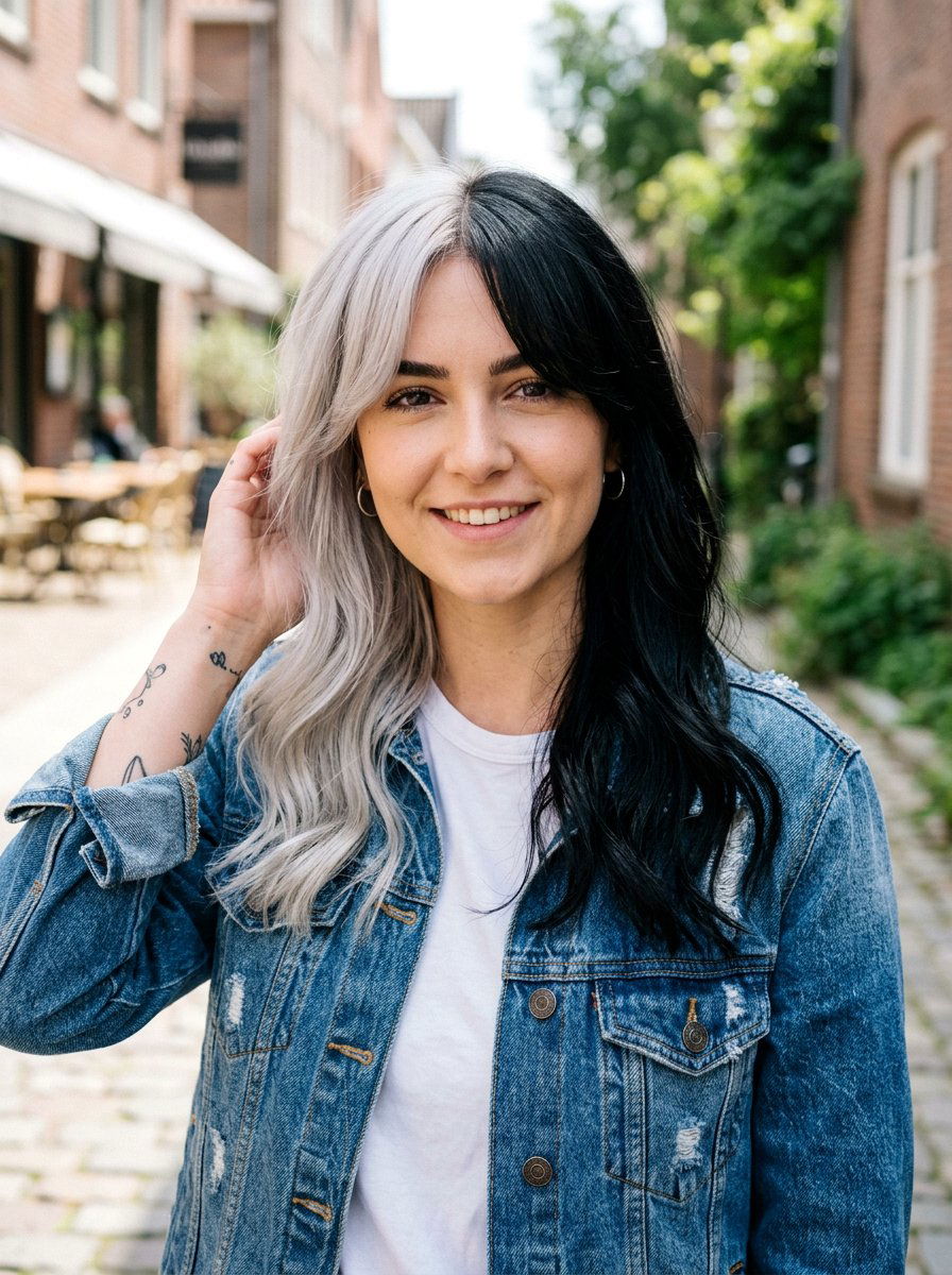 Silver and Black Split Dye With Curtain Bangs - 20 silver and black split dye hair - 20 silver and black split dye hair