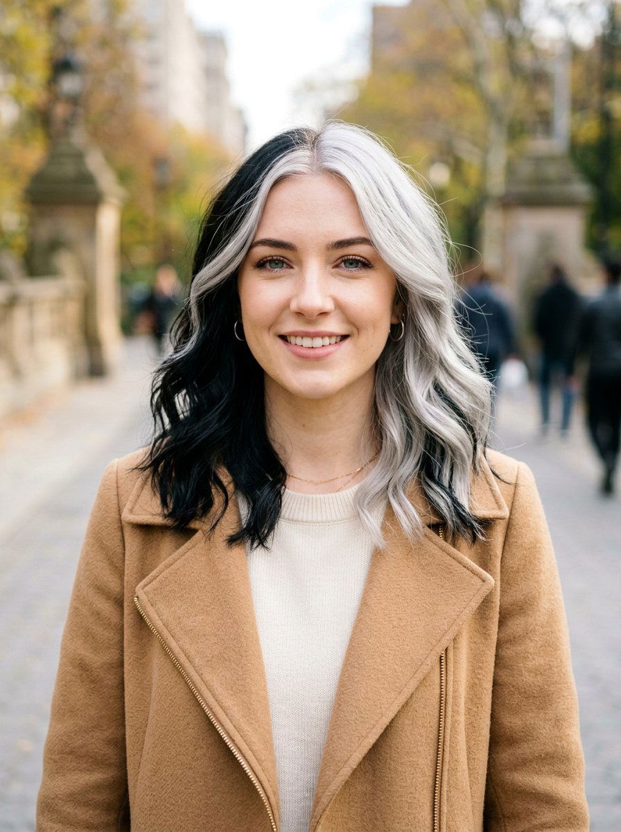 Silver and Black Split Dye With Face Framing Pieces - 20 silver and black split dye hair - 20 silver and black split dye hair