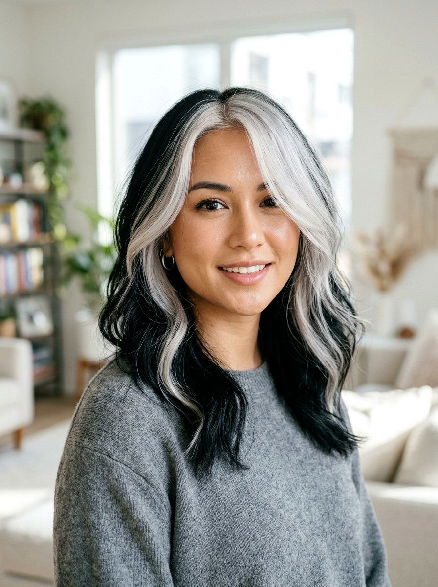 Silver and Black Split Dye With Platinum Money Piece - 20 silver and black split dye hair - 20 silver and black split dye hair