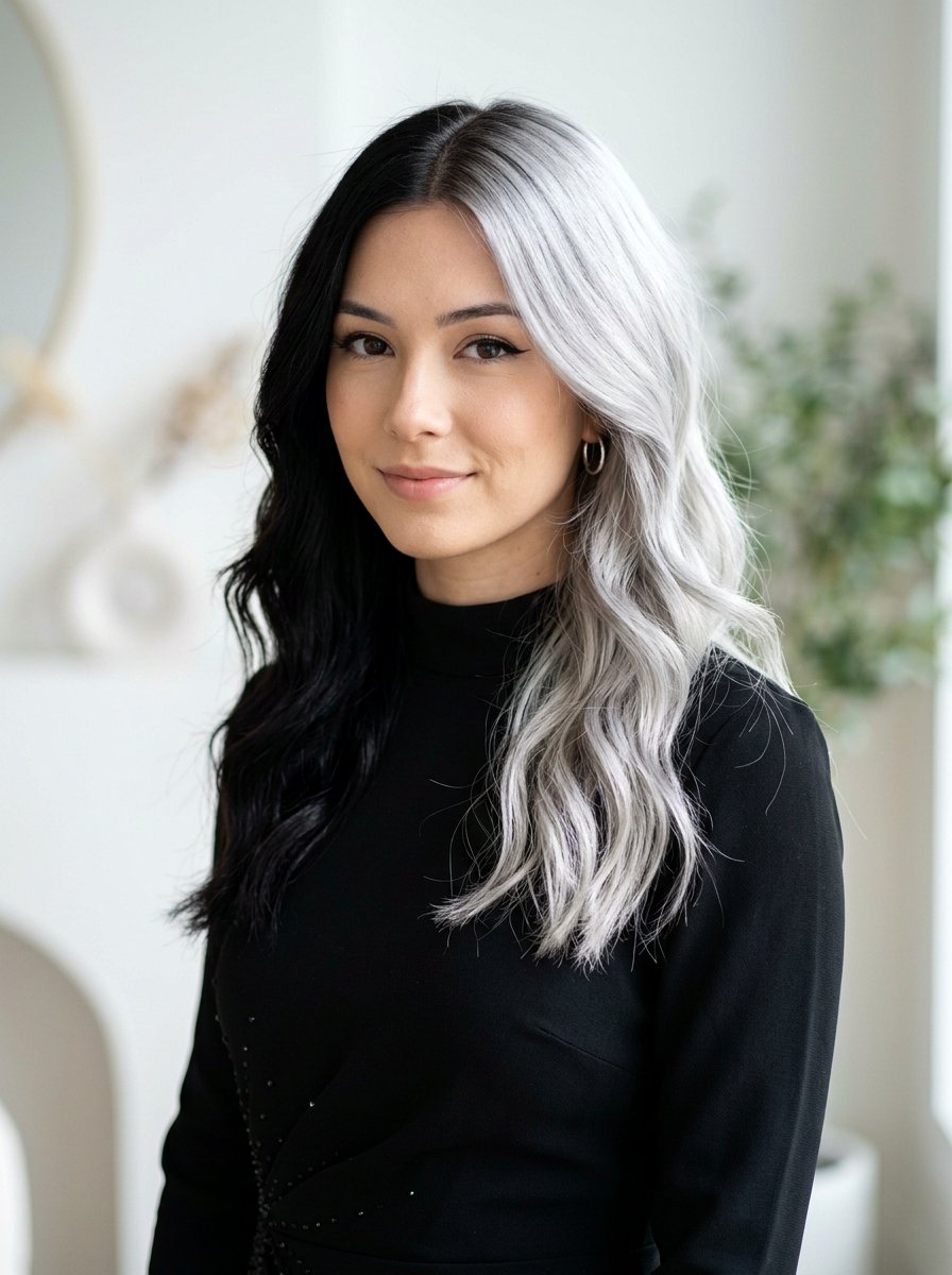 Silver and Black Split Dye With Root Shadow - 20 silver and black split dye hair