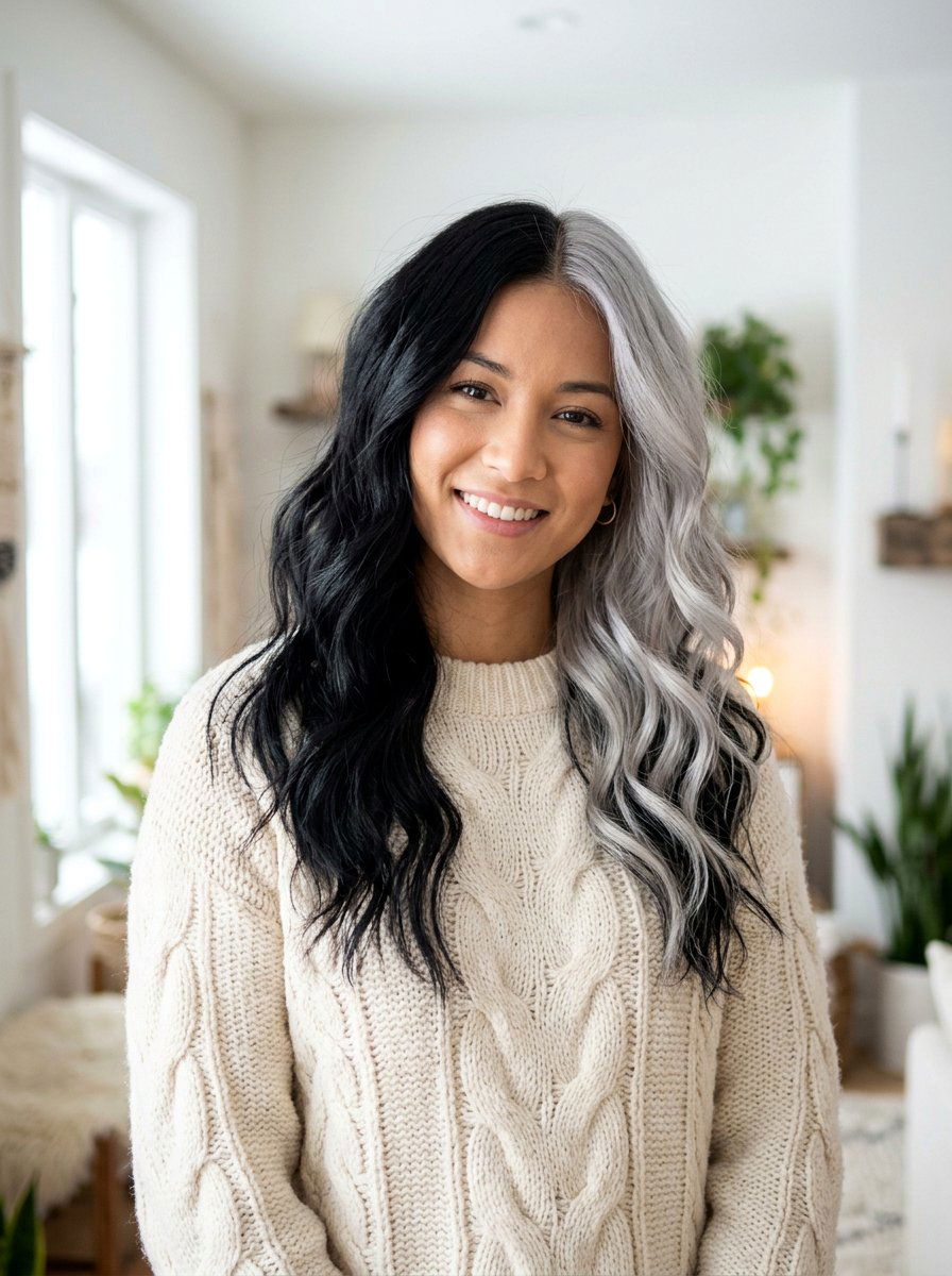 Silver and Black Split Dye With Soft Waves - 20 silver and black split dye hair - 20 silver and black split dye hair