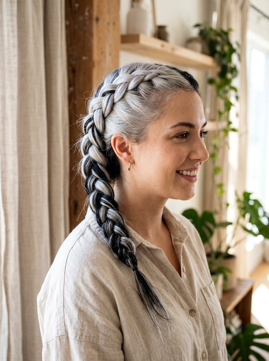 Silver and Black Split Dye on Braided Hair - 20 silver and black split dye hair - 20 silver and black split dye hair