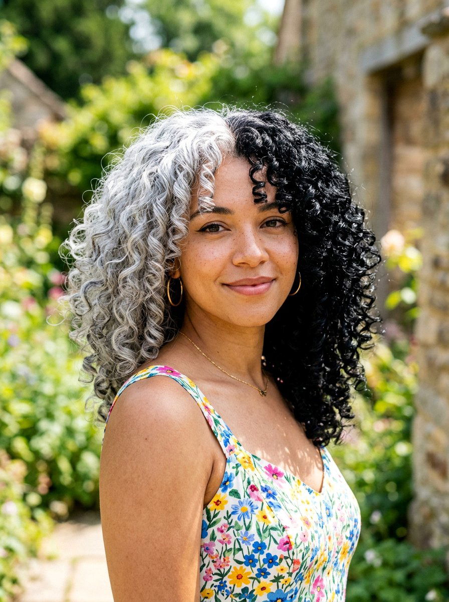 Silver and Black Split Dye on Curly Hair - 20 silver and black split dye hair - 20 silver and black split dye hair