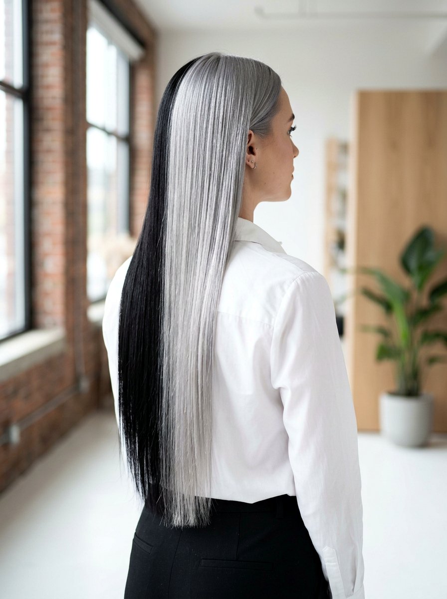 Silver and Black Split Dye on Long Straight Hair - 20 silver and black split dye hair - 20 silver and black split dye hair