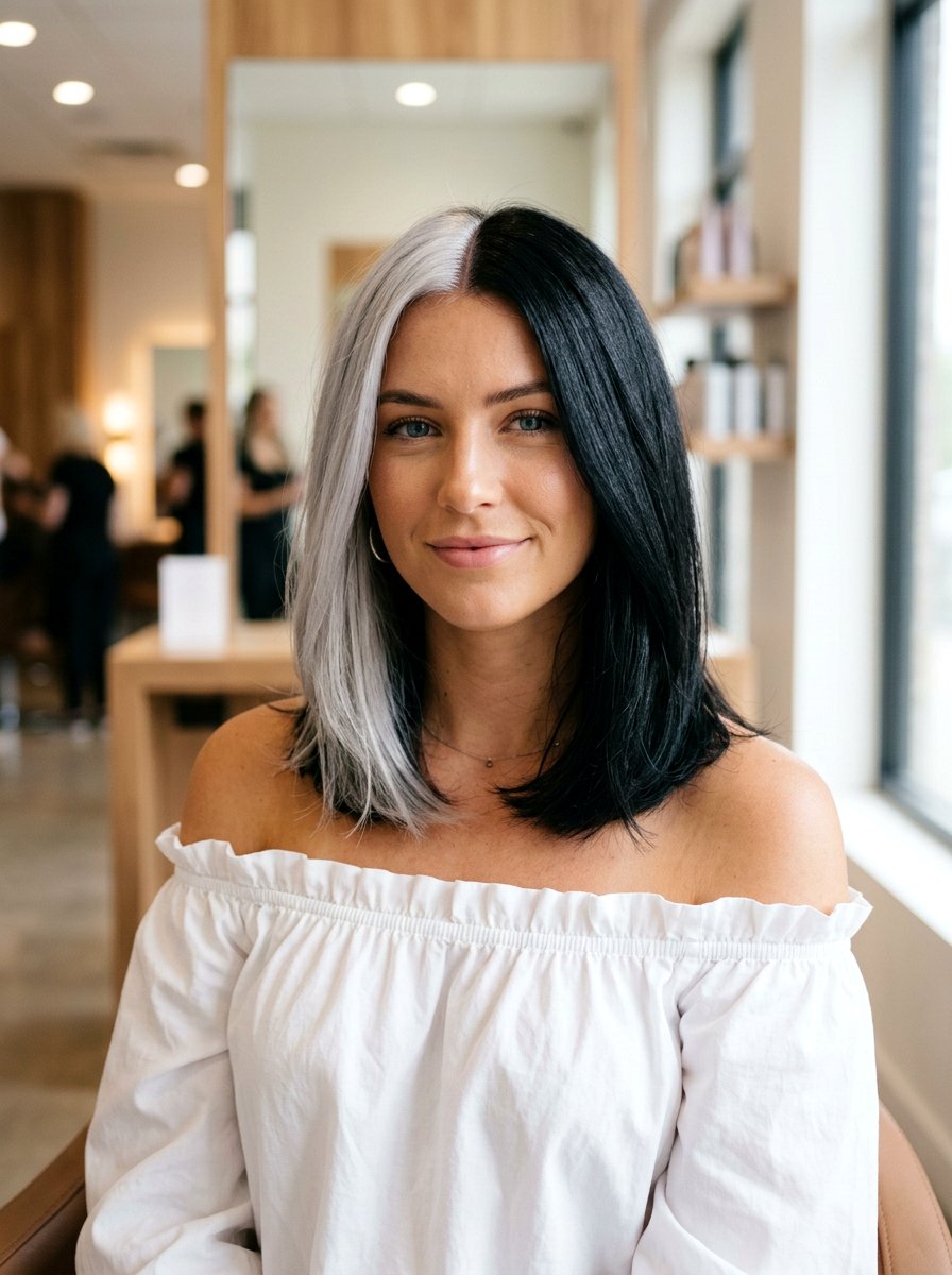 Silver and Black Split Dye on Medium Length Hair - 20 silver and black split dye hair - 20 silver and black split dye hair