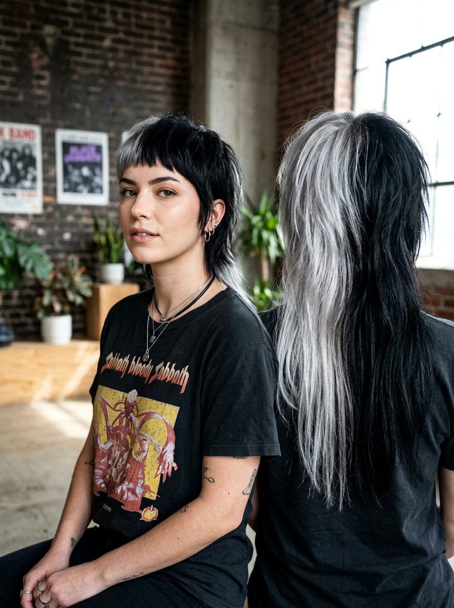 Silver and Black Split Dye on a Mullet - 20 silver and black split dye hair - 20 silver and black split dye hair