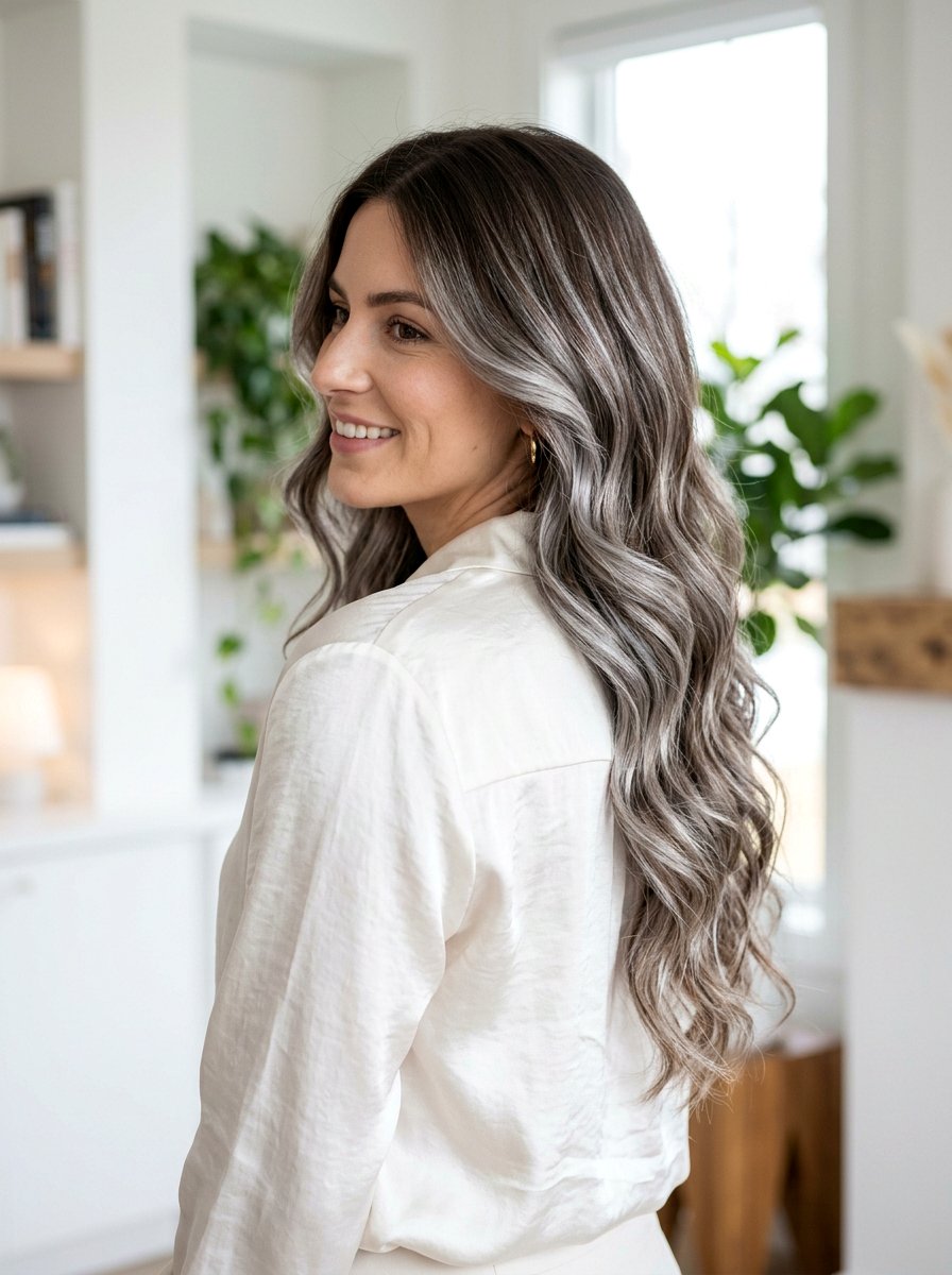 Silver balayage brunette hair - 20 silver streaks on brunette hair - 20 silver streaks on brunette hair