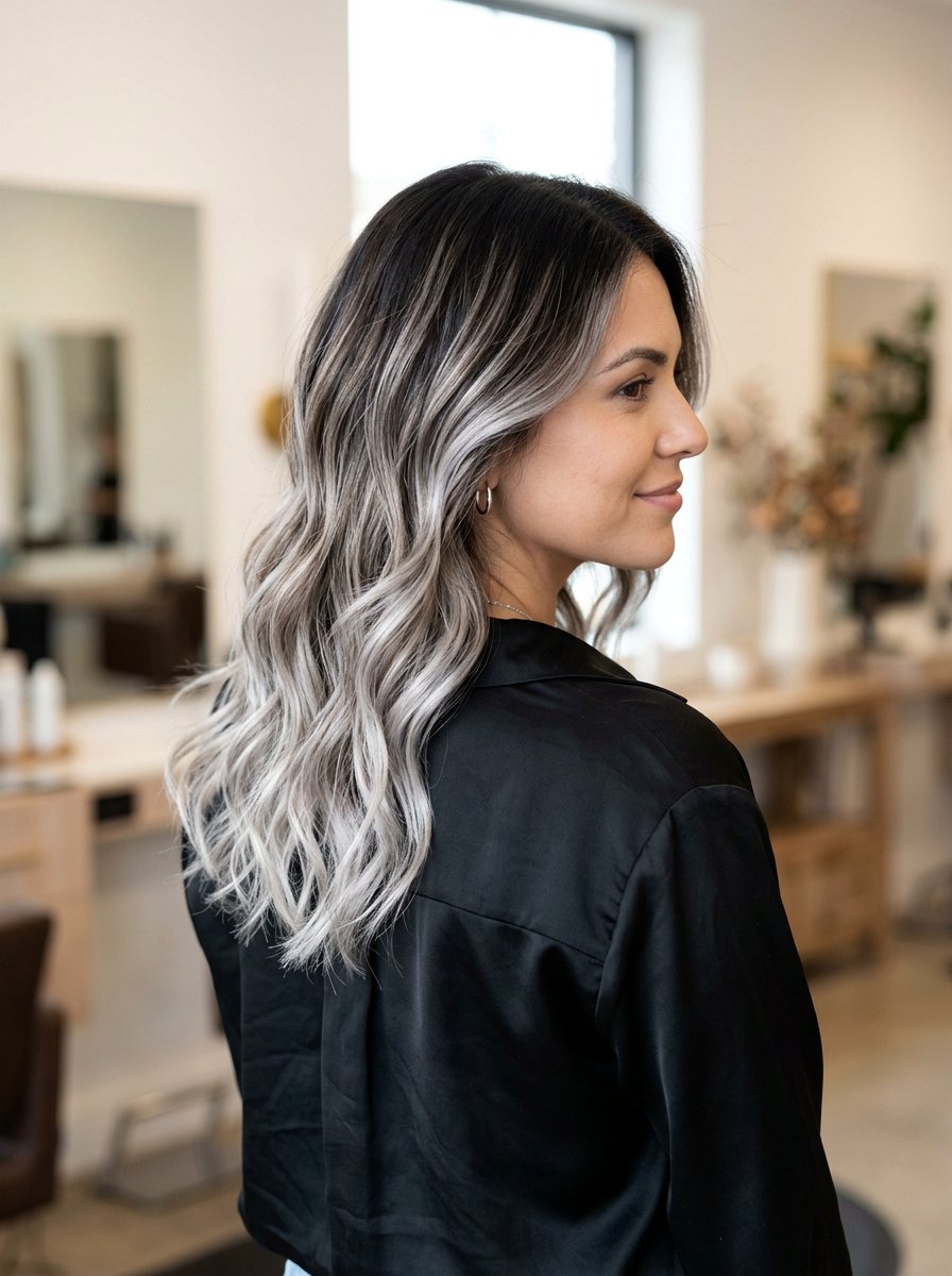 Silver balayage on dark hair - 20 salt and pepper highlight ideas - 20 salt and pepper highlight ideas