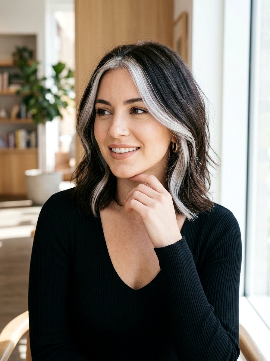 Silver face framing dark hair - 20 silver streaks on brunette hair - 20 silver streaks on brunette hair