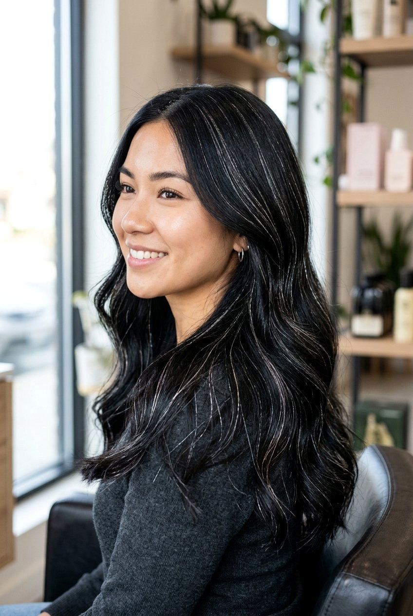 Silver highlights on black hair - 20 salt and pepper hair color ideas - 20 salt and pepper hair color ideas