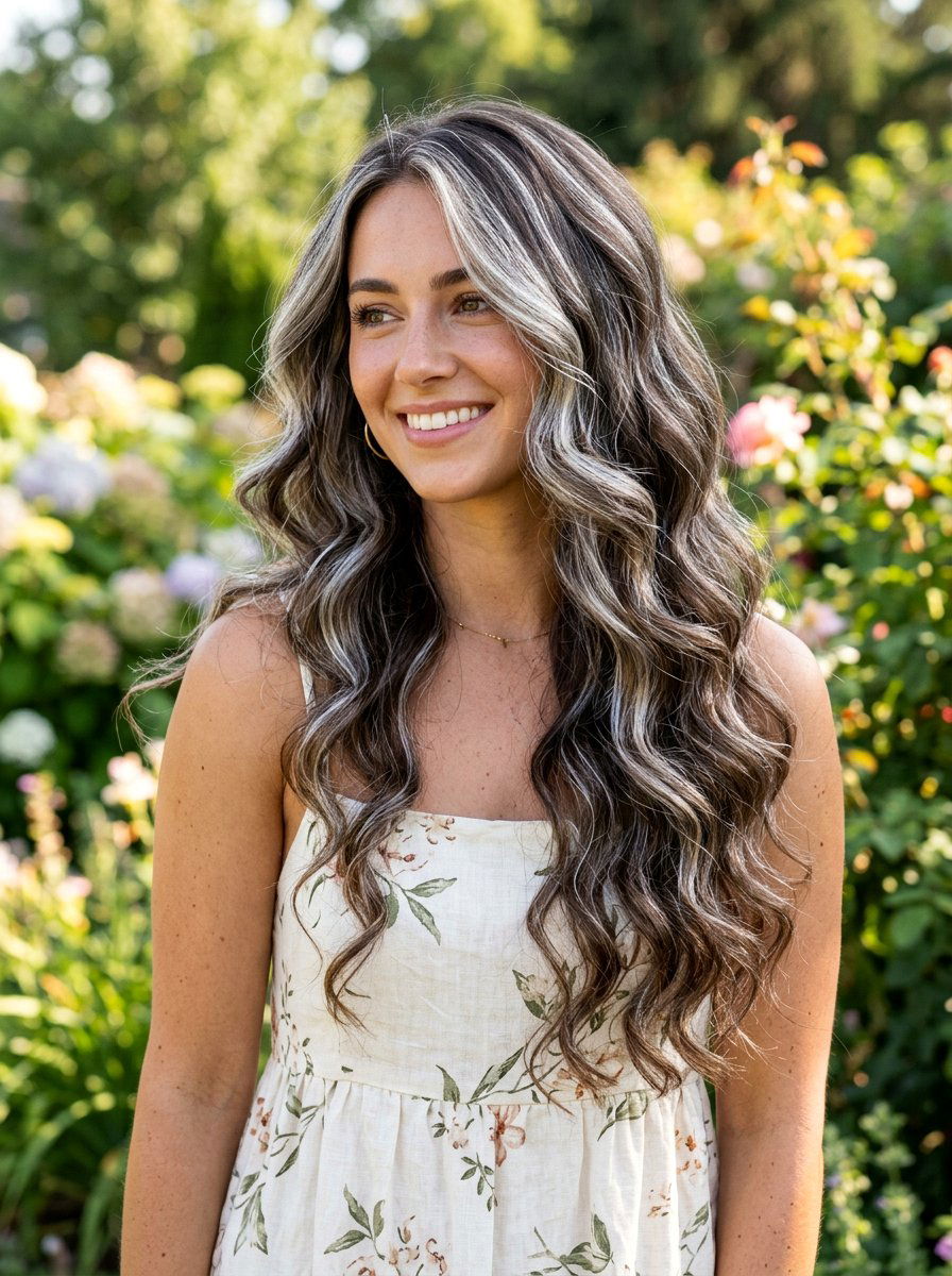 Silver highlights wavy brown hair - 20 silver streaks on brunette hair - 20 silver streaks on brunette hair