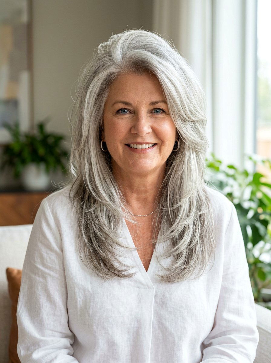 Silver layers for round face - 20 shoulder length gray layered haircut - 20 shoulder length gray layered haircut