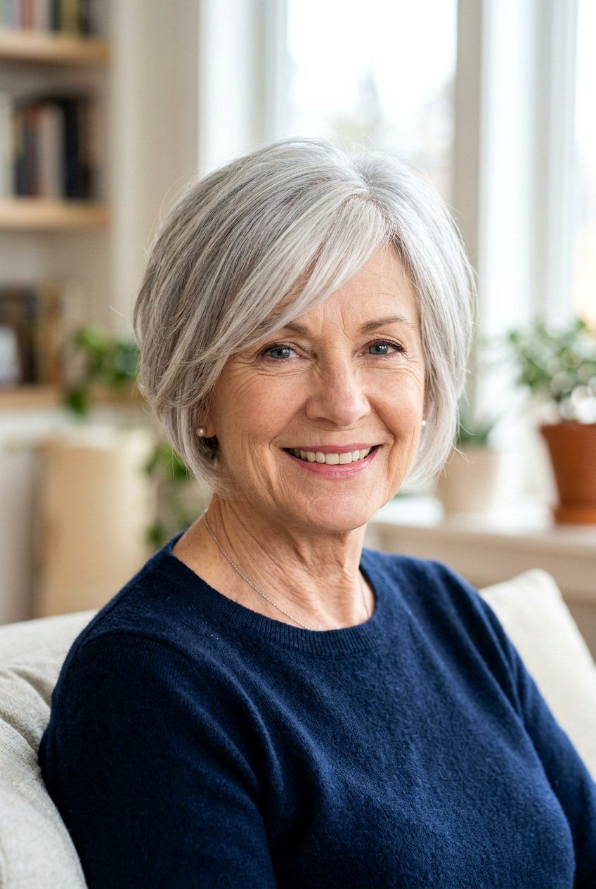 Silver pixie with side swept bangs - 20 gray hairstyles for older women - 20 gray hairstyles for older women