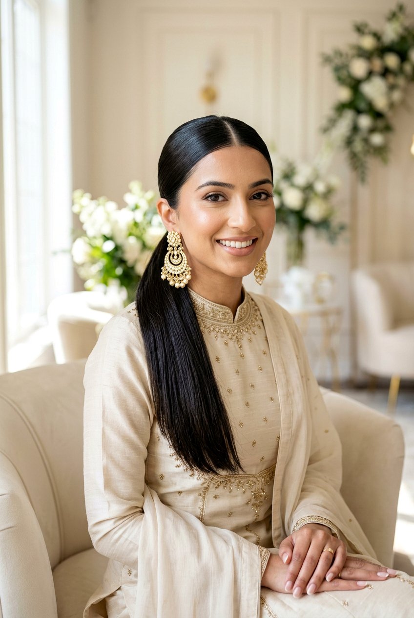 Simple Center Part Sleek Nikah Hairstyle - 20 simple nikah hairstyles - 20 simple nikah hairstyles