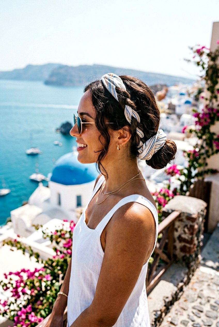 Simple Headscarf Updo For Sun Protection - 20 travel friendly hairstyles - 20 travel friendly hairstyles
