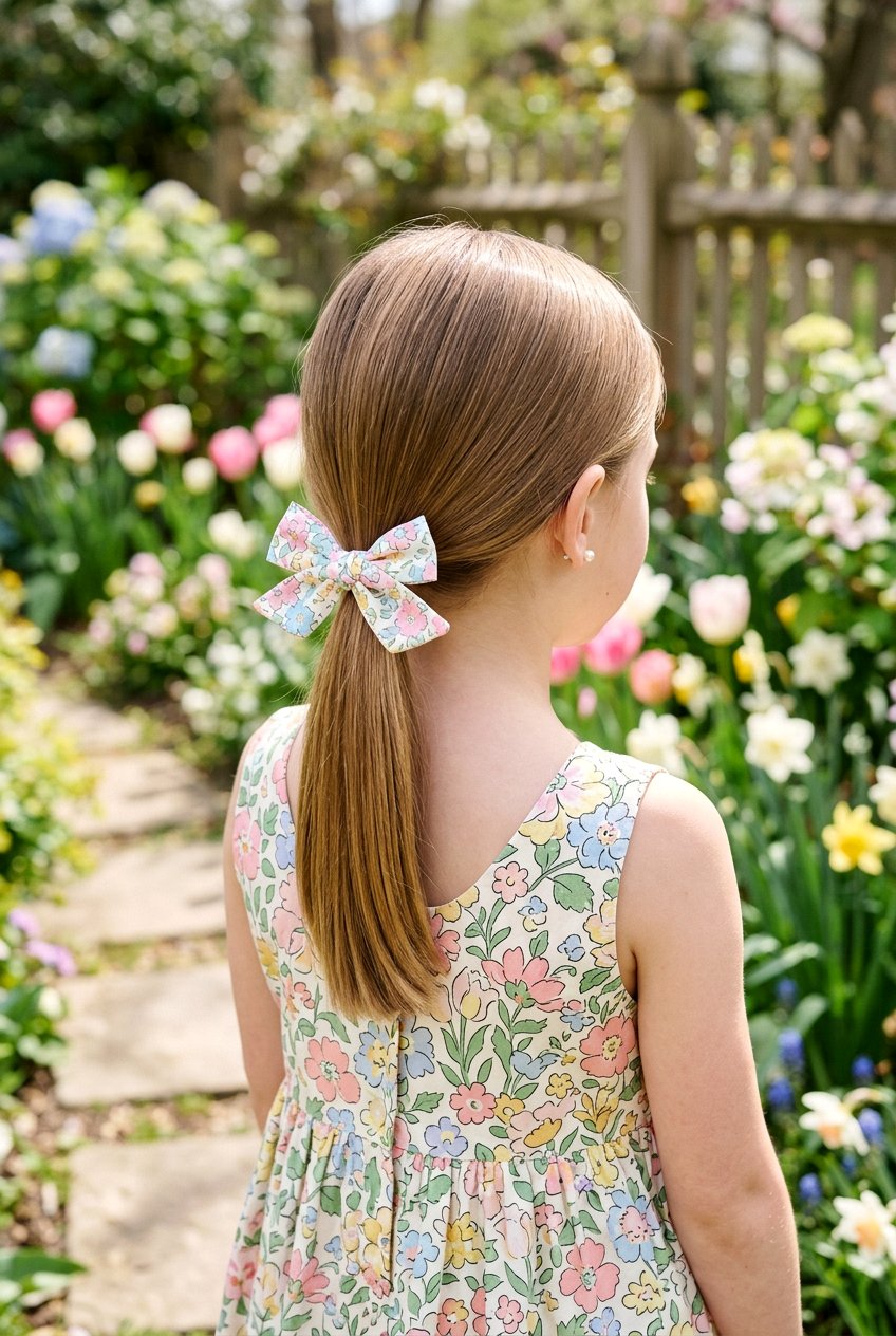 Simple Low Ponytail With Pastel Bow - 20 easter hairstyles for little girls with bows - 20 easter hairstyles for little girls with bows