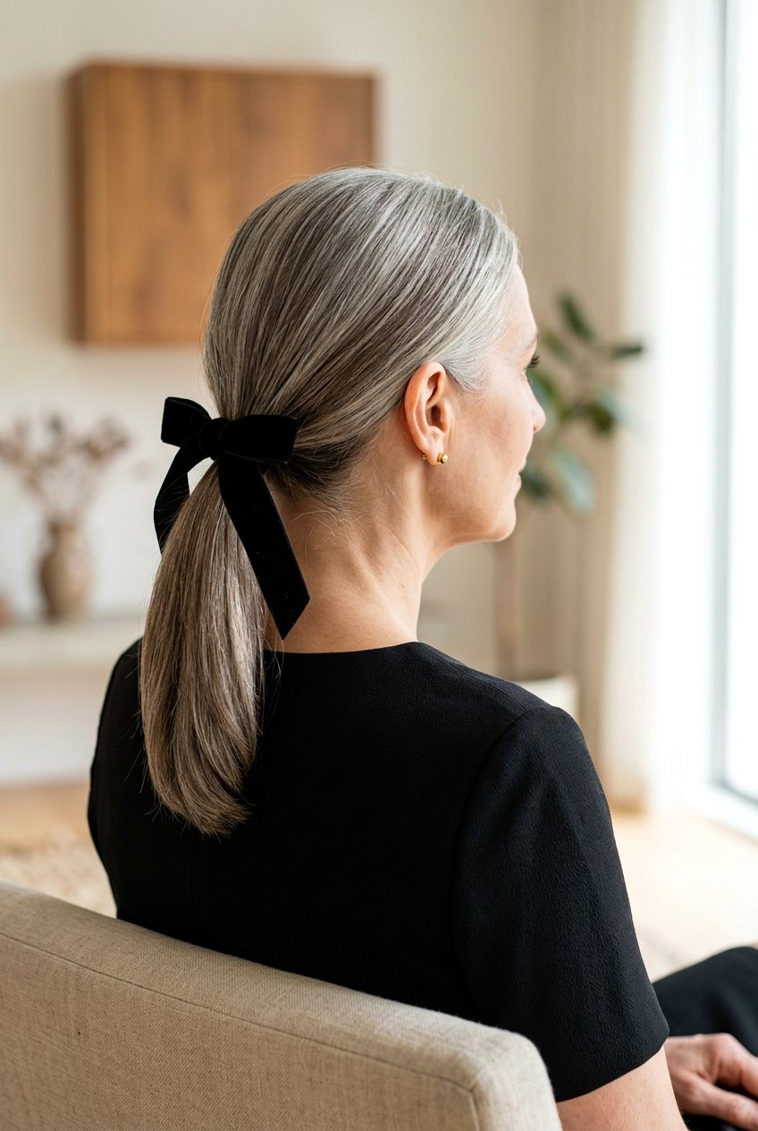 Simple Low Ponytail With Ribbon - 20 formal hairstyles for mature women - 20 formal hairstyles for mature women