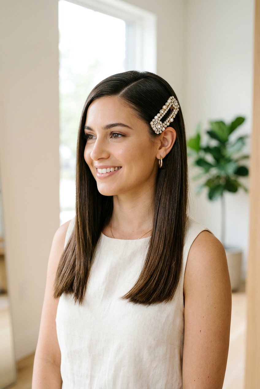 Simple Straight Hair With Statement Clip - 20 birthday hairstyles for girls - 20 birthday hairstyles for girls