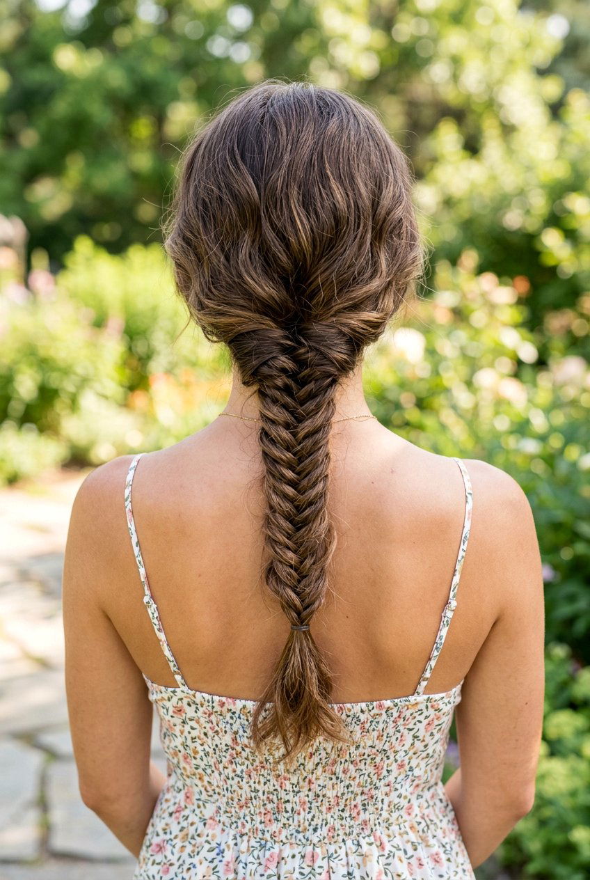 Single Low Fishtail Braid - 20 beach day braid hairstyle - 20 beach day braid hairstyle