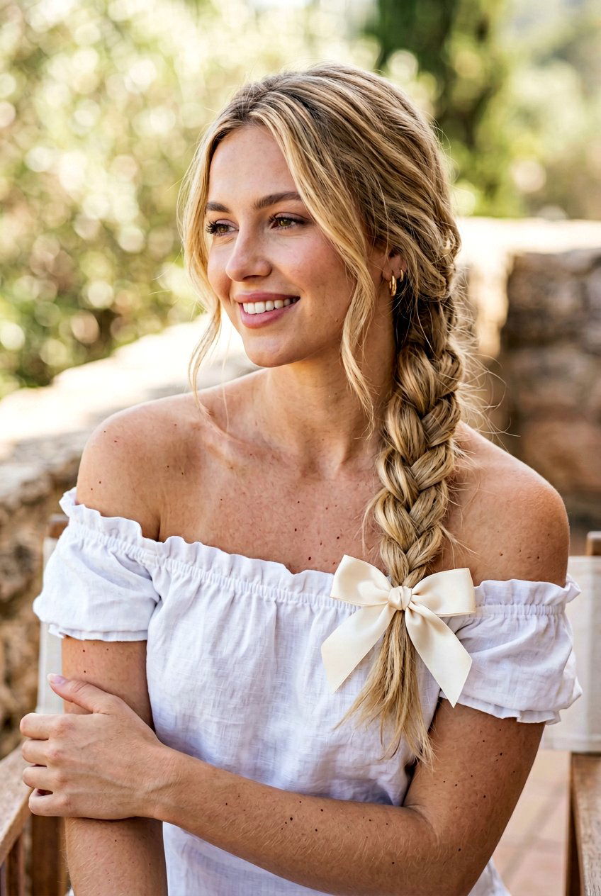 Single Side Braid With Bow - 20 bow hairstyles for women - 20 bow hairstyles for women