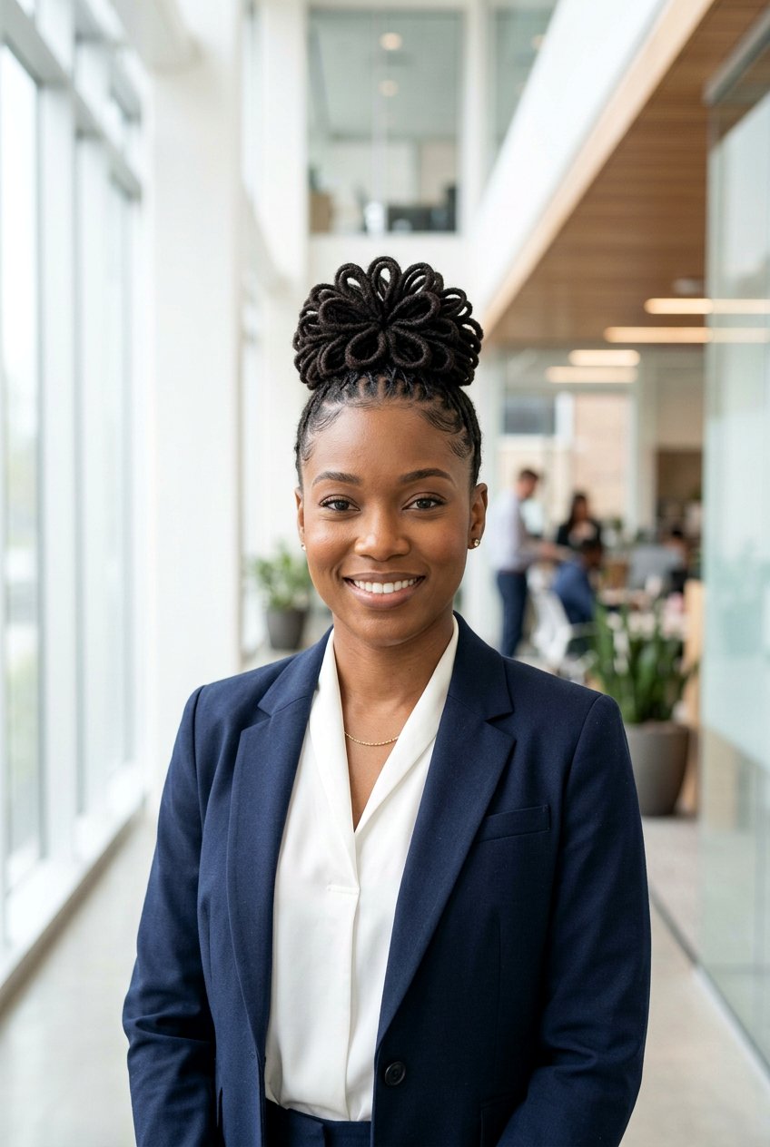 Sisterloc petal bun - 20 loc petal bun hairstyle - 20 loc petal bun hairstyle