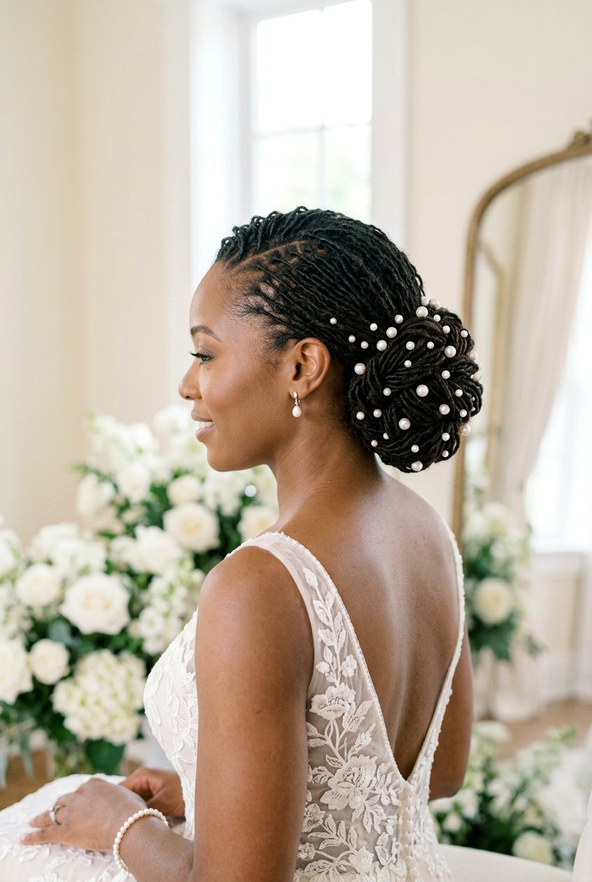 Sisterlock Bun with Pearl Pins - 20 bridal loc bun with pearls - 20 bridal loc bun with pearls
