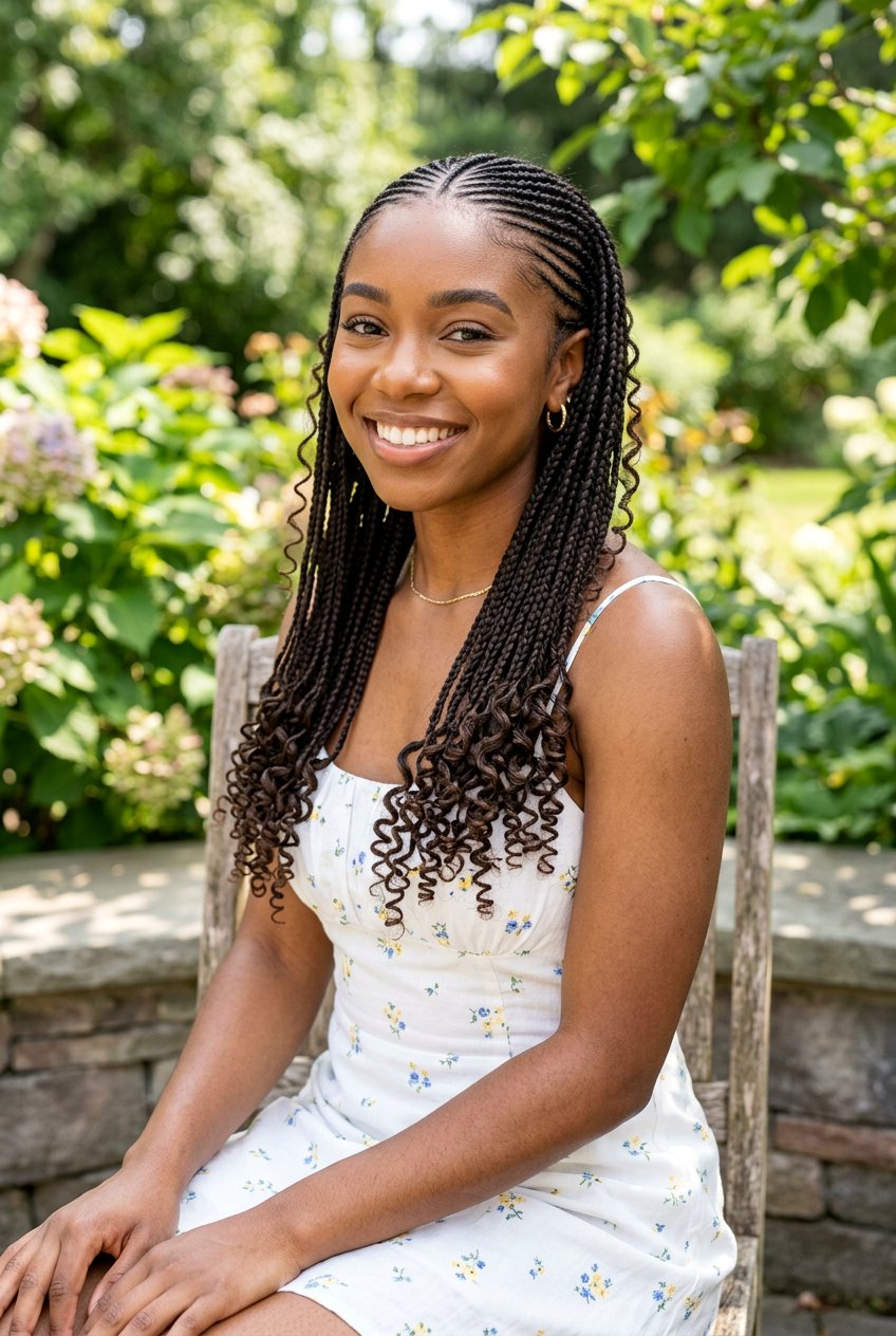 Skinny Feed In Braids With Small Curls - 20 straight back cornrows with curly ends - 20 straight back cornrows with curly ends