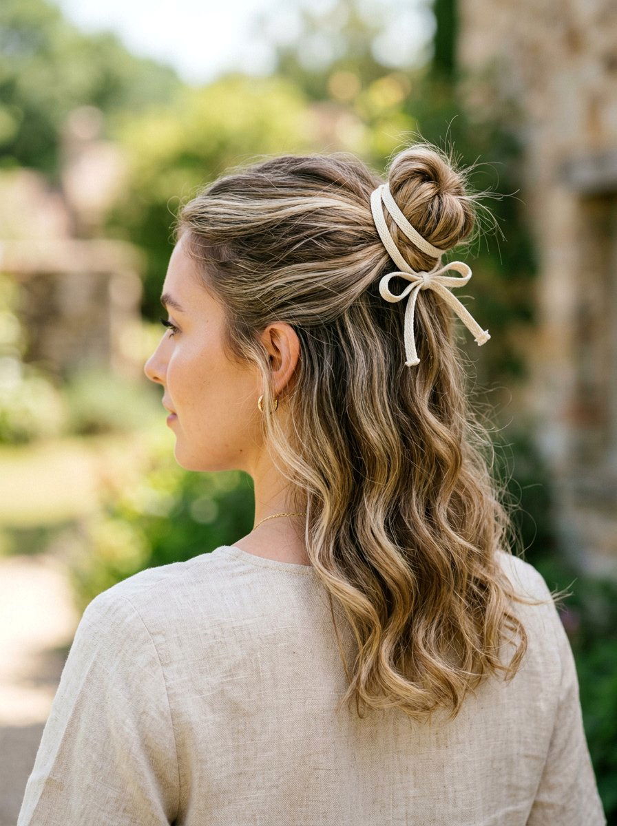 Skinny Ribbon Half Up Bun - 20 ribbon bow half up hairstyle - 20 ribbon bow half up hairstyle