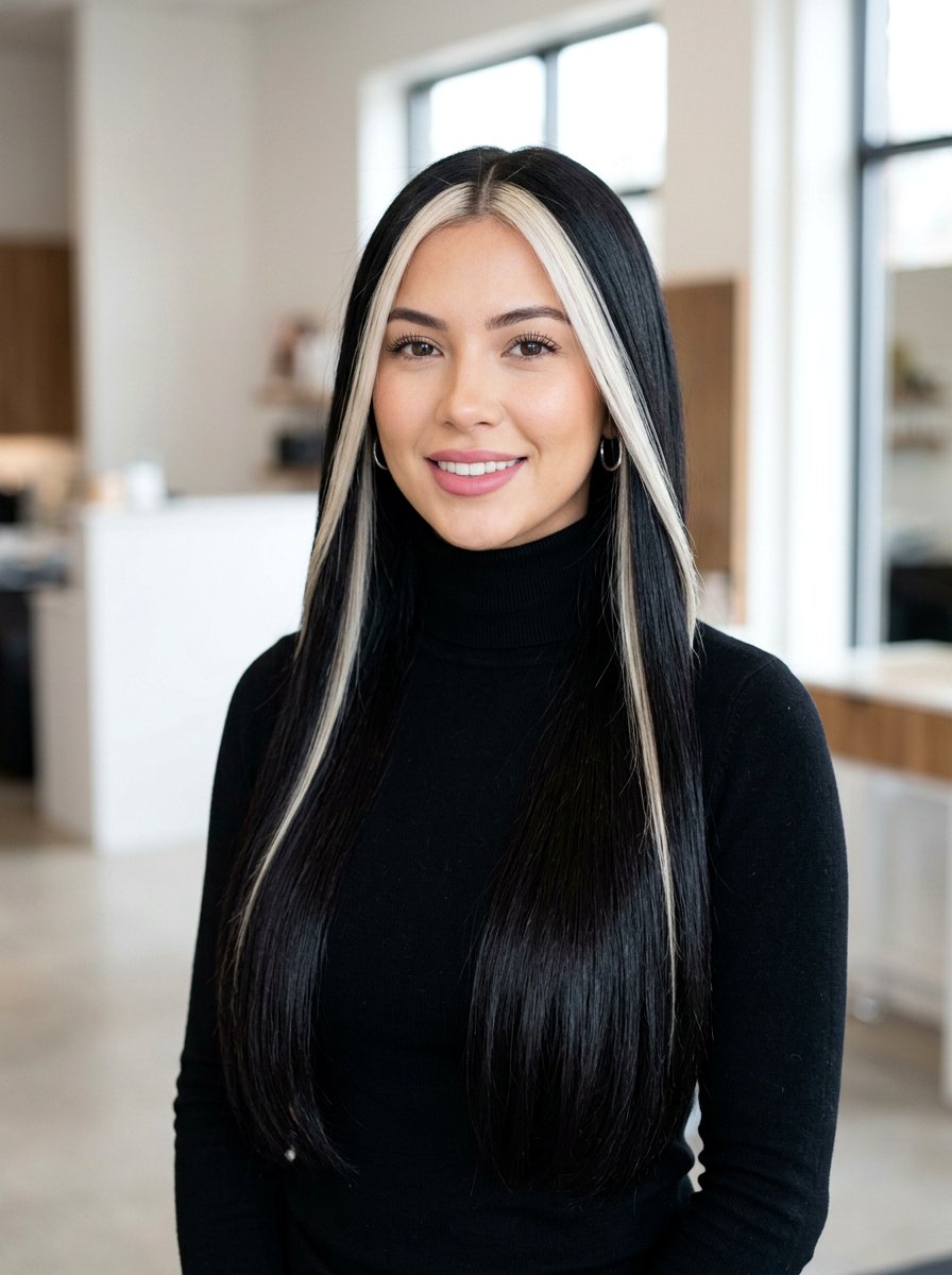 Skunk Stripe Money Piece on Long Straight Hair - 20 skunk stripe money piece hair - 20 skunk stripe money piece hair