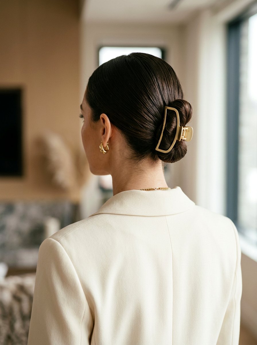 Sleek Back Claw Clip Bun - 20 office hairstyle with claw clip twist