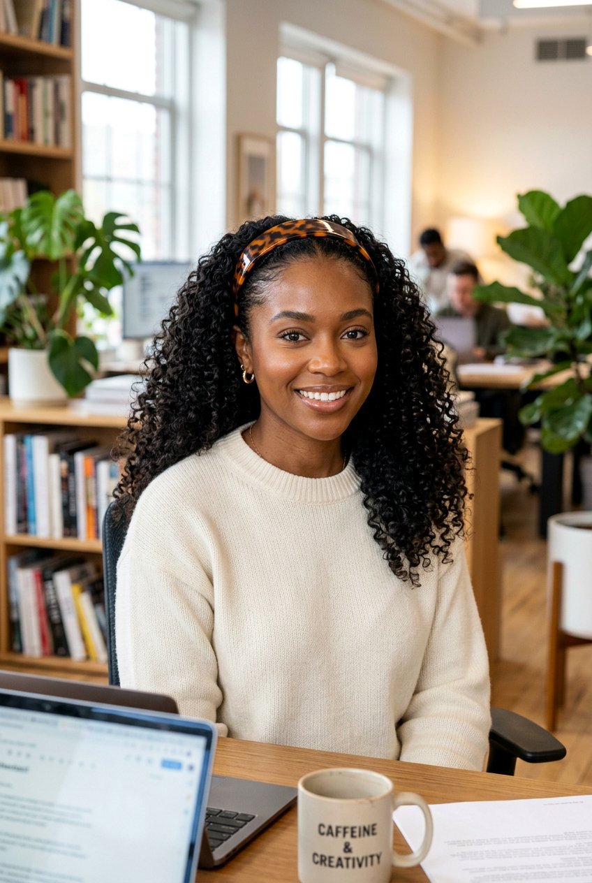 Sleek Back Curly Headband - 20 office hairstyle for curly shoulder length hair - 20 office hairstyle for curly shoulder length hair