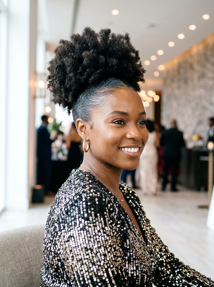 Sleek Back Curly Puff - 20 homecoming hairstyles for curly hair - 20 homecoming hairstyles for curly hair