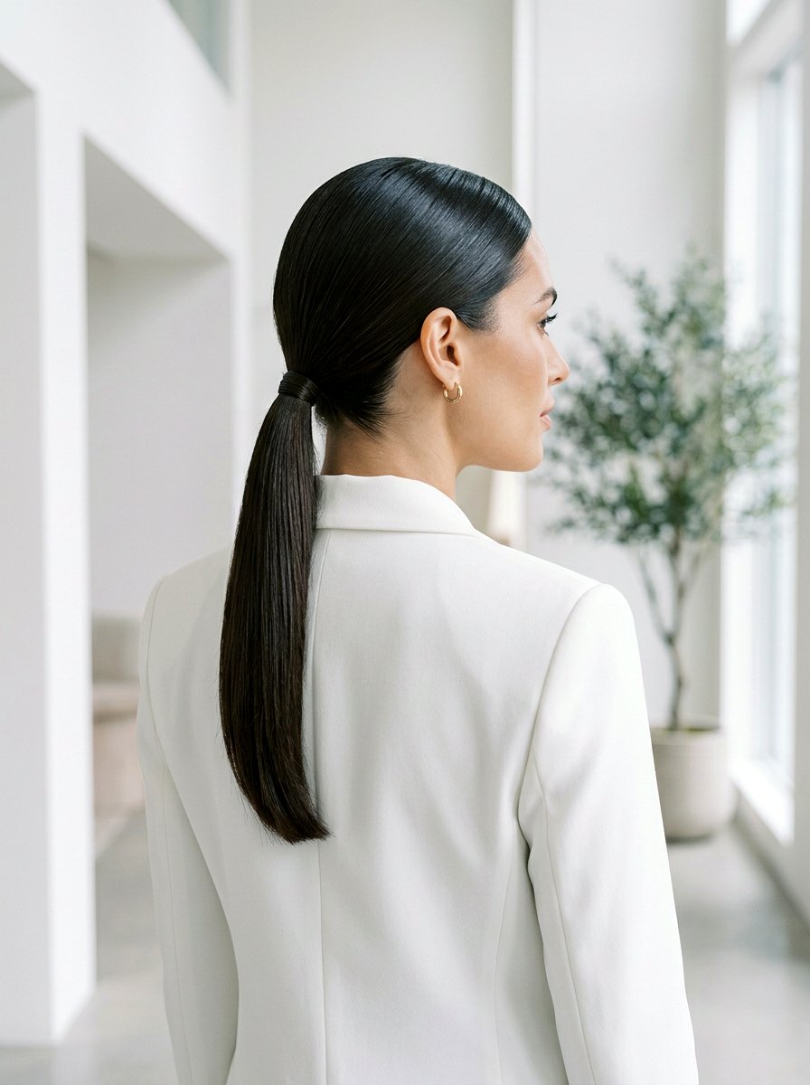 Sleek Back Low Ponytail - 20 vacation hairstyle for airplane travel - 20 vacation hairstyle for airplane travel