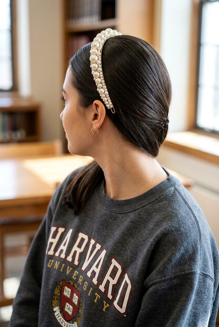 Sleek Back With Pearl Headband Clip - 20 school hairstyle with pearl clips - 20 school hairstyle with pearl clips