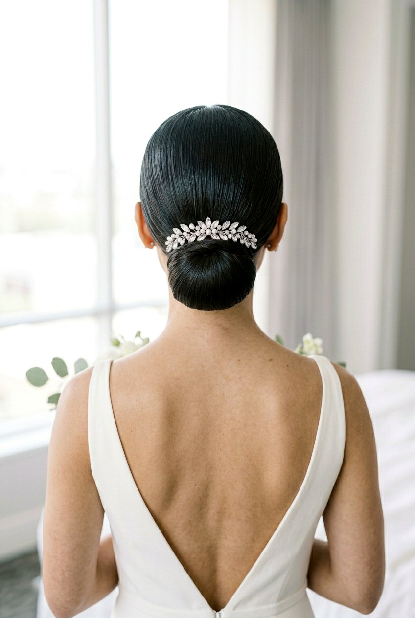 Sleek Ballerina Bun - 20 bridal hairstyle with crystal comb - 20 bridal hairstyle with crystal comb