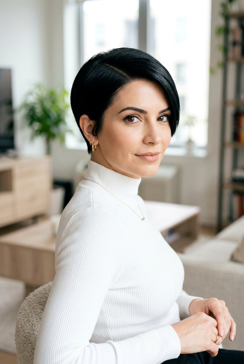 Sleek Black Pixie With Deep Side Part - 20 glossy black pixie haircut - 20 glossy black pixie haircut