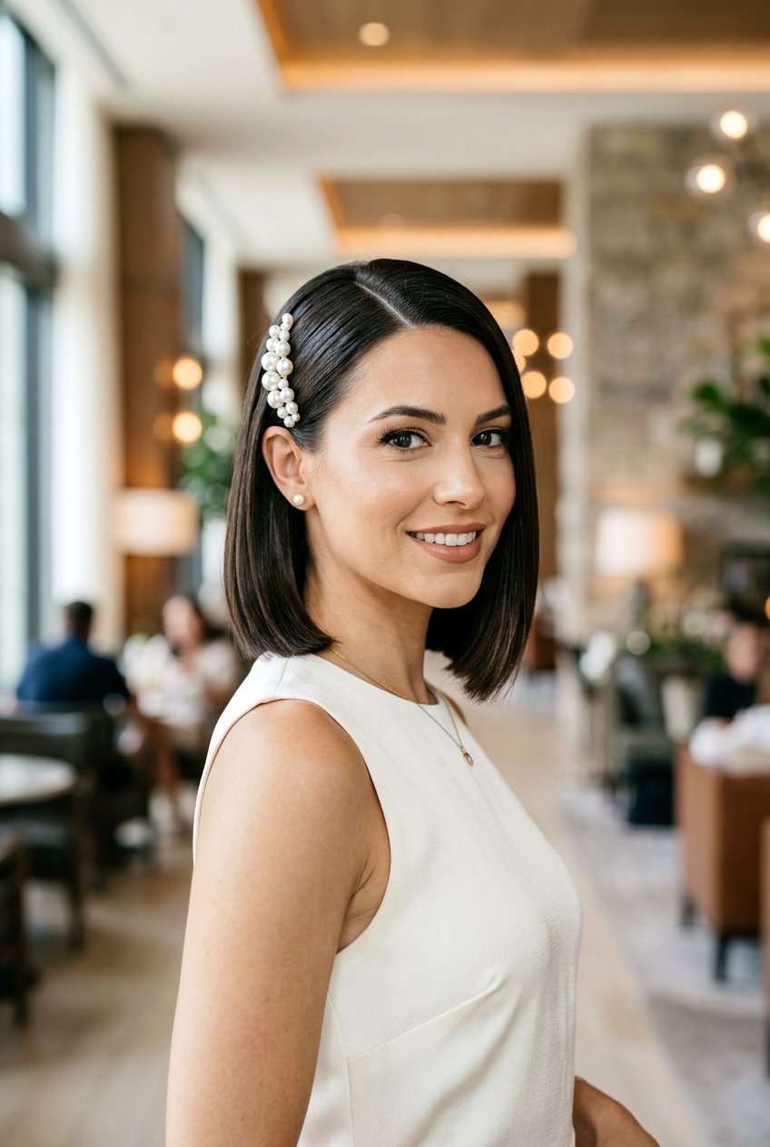 Sleek Bob with Pearl Pin Accents - 20 wedding guest hairstyles for short hair - 20 wedding guest hairstyles for short hair