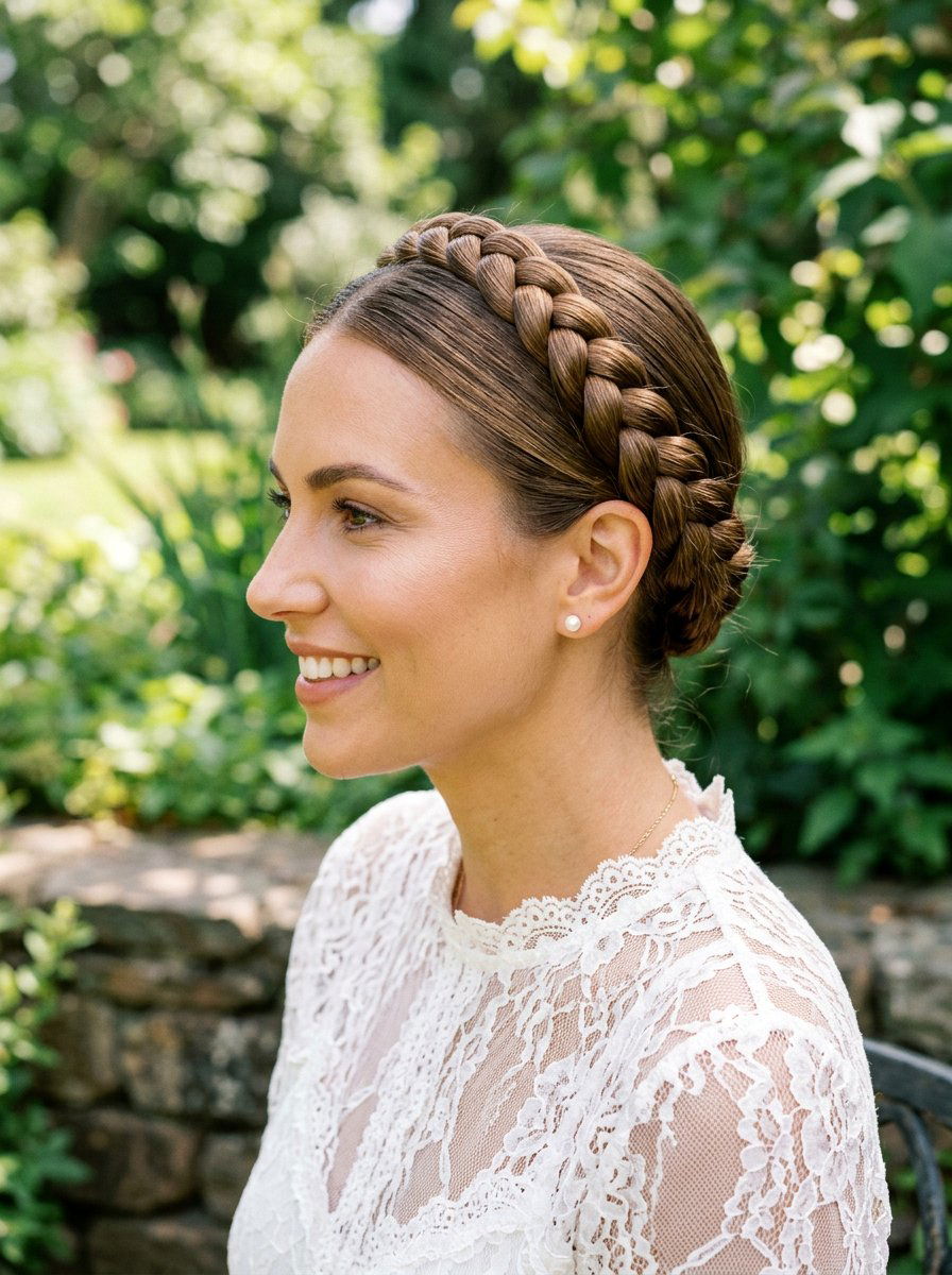 Sleek Braided Crown - 20 sleek hairstyle for wedding guest - 20 sleek hairstyle for wedding guest