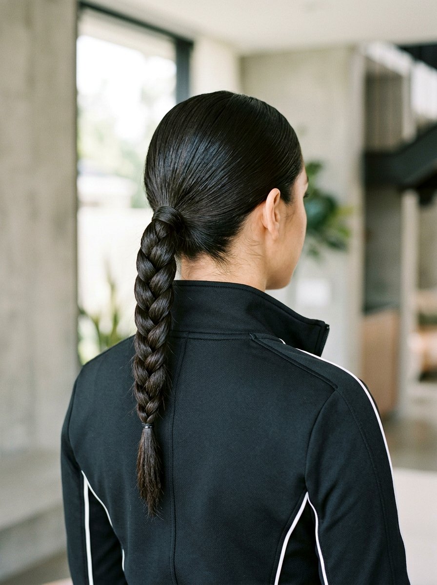Sleek Braided Low Ponytail - 20 workout hairstyle for shoulder length layers - 20 workout hairstyle for shoulder length layers